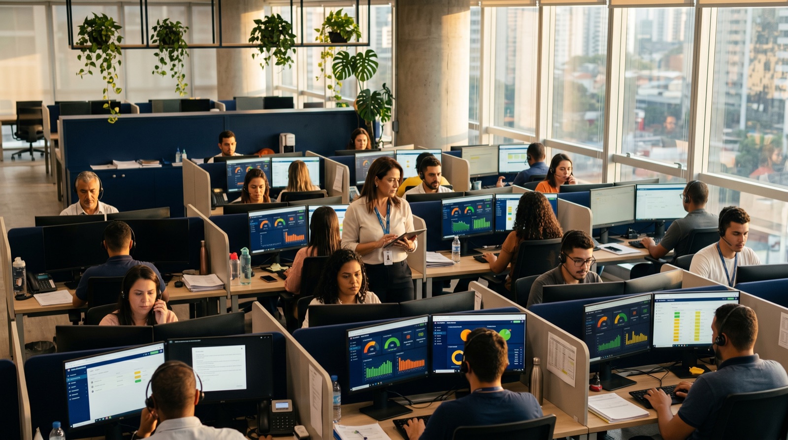 Equipo de operaciones LATAM atendiendo WhatsApp Business desde plataforma omnichannel — operadores diversos en sala de operaciones moderna