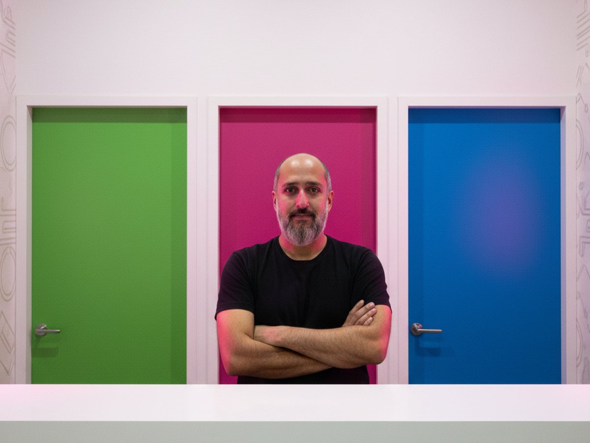 Hombre de barba y polera negra tras un mesón blanco; detrás, tres puertas cerradas: verde, magenta y azul